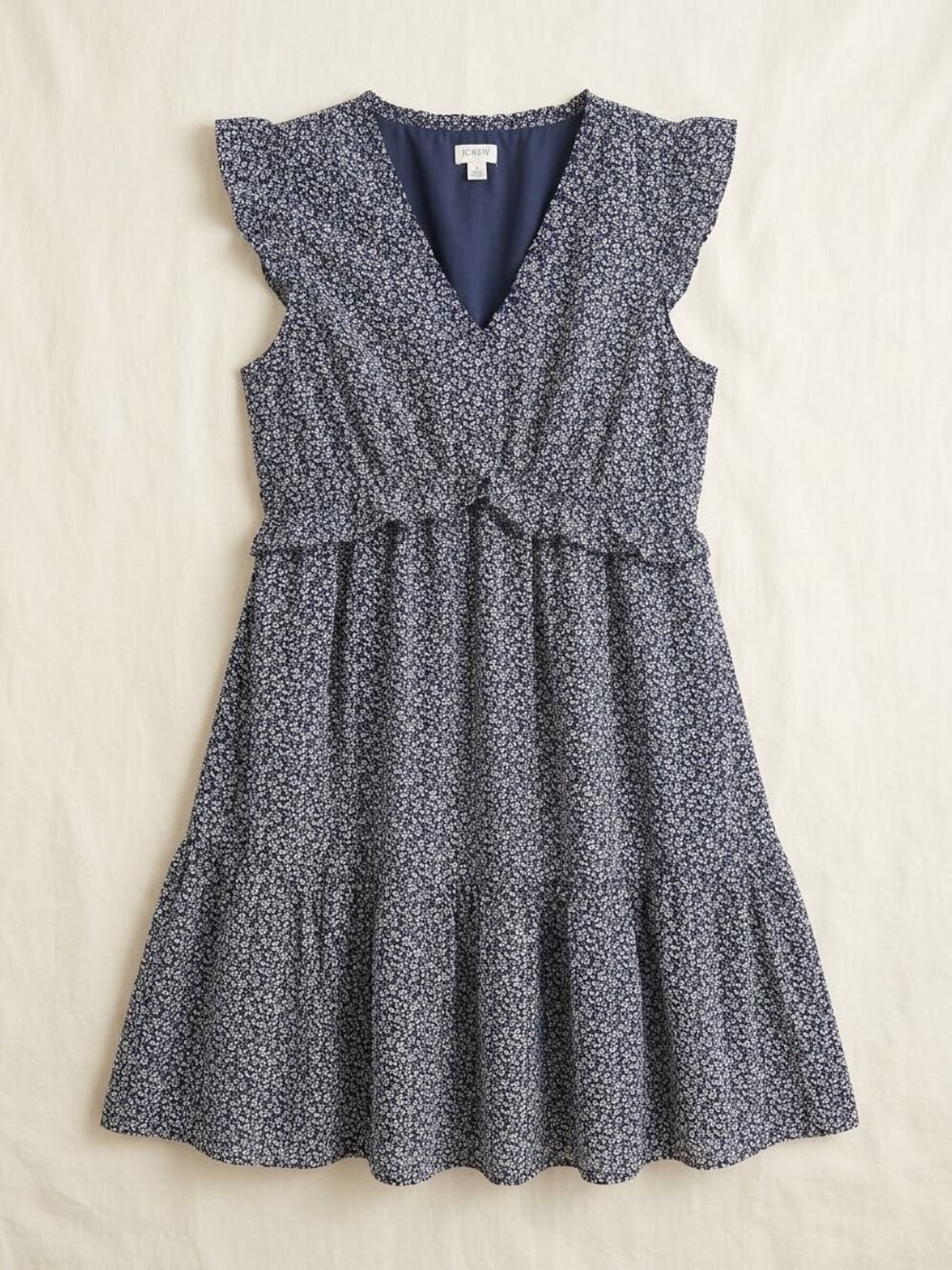 J. Crew 10 Navy Floral Ruffle Sleeve Fit & Flare Dress Tiered Skirt